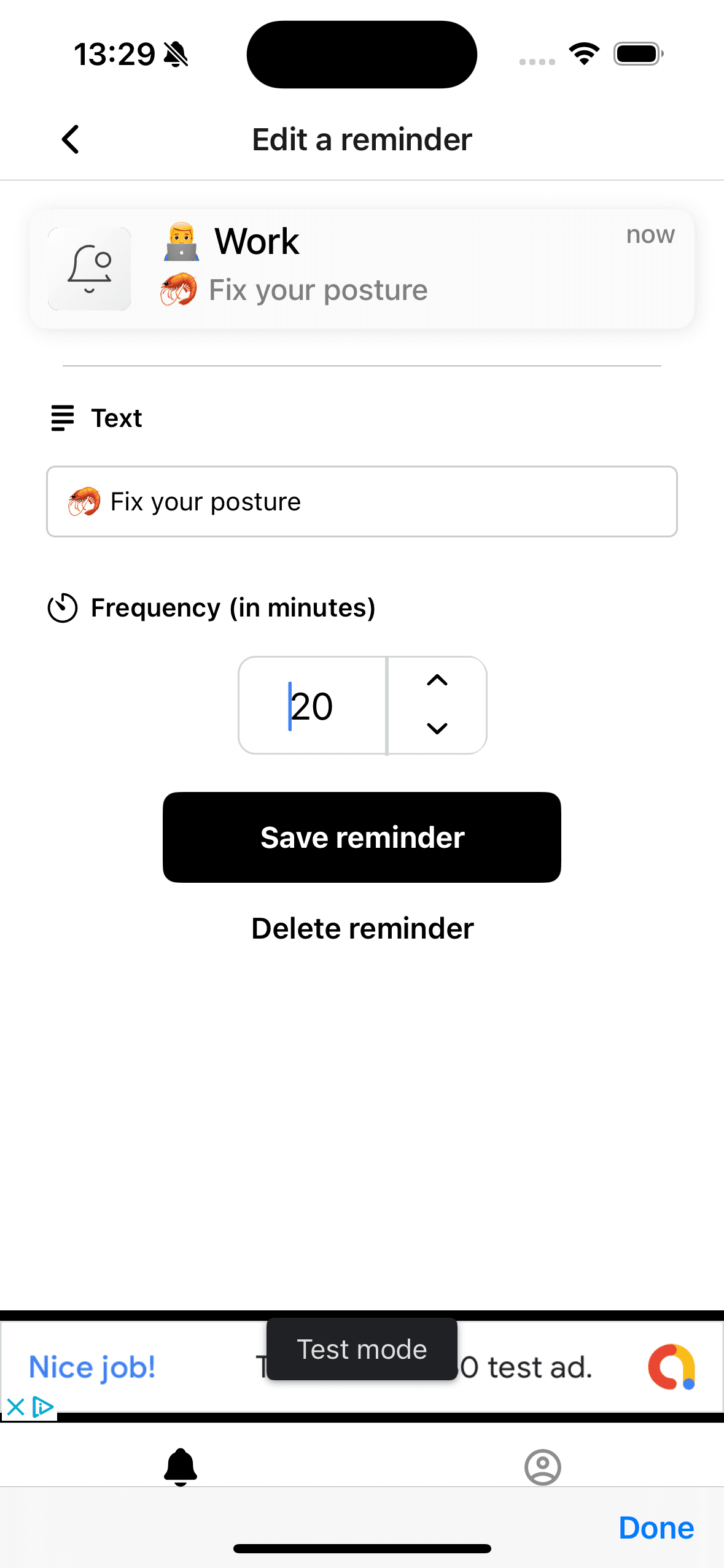 Reminders screen