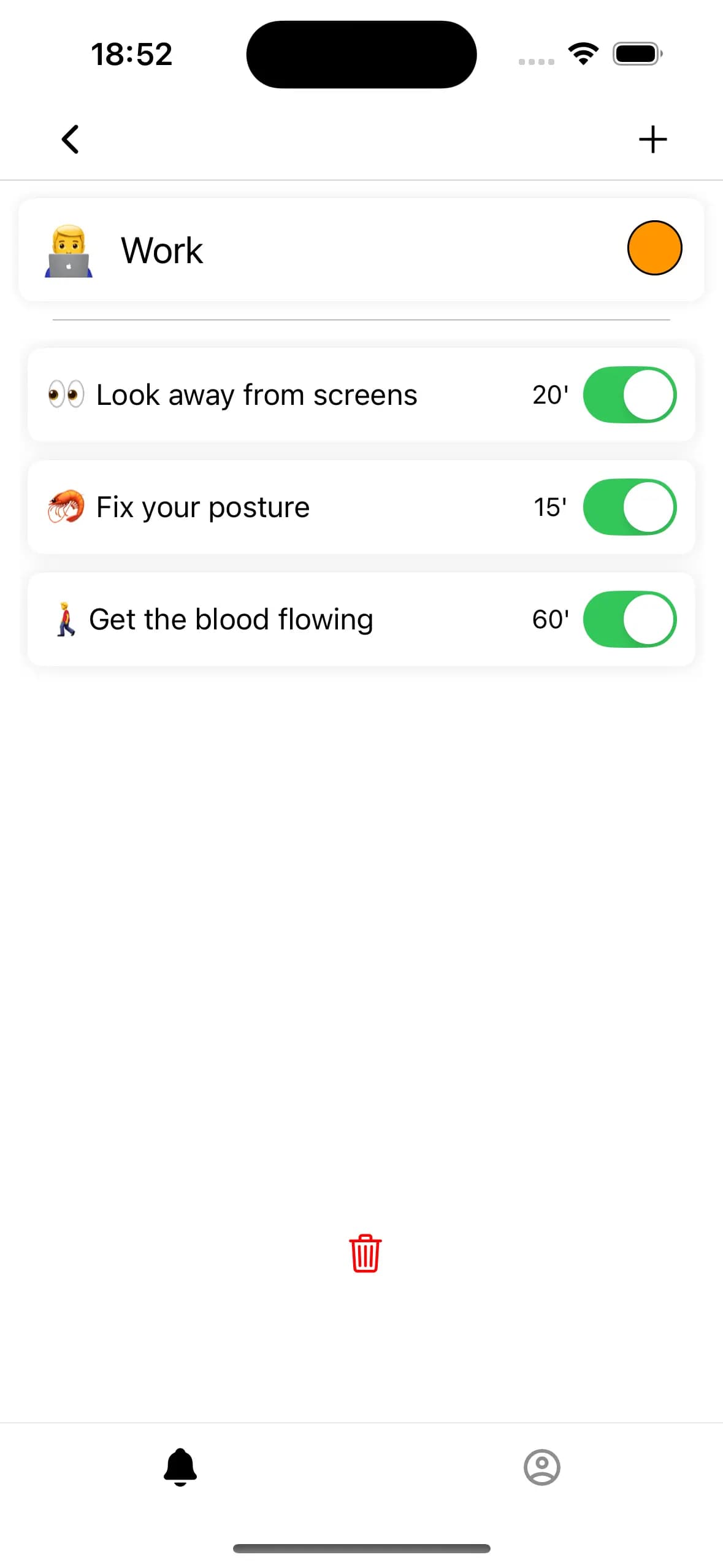 Reminders screen